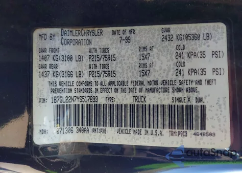 2000 Dodge Dakota Slt/Sport from USA, damaged, VIN 1B7GL22N7YS517693